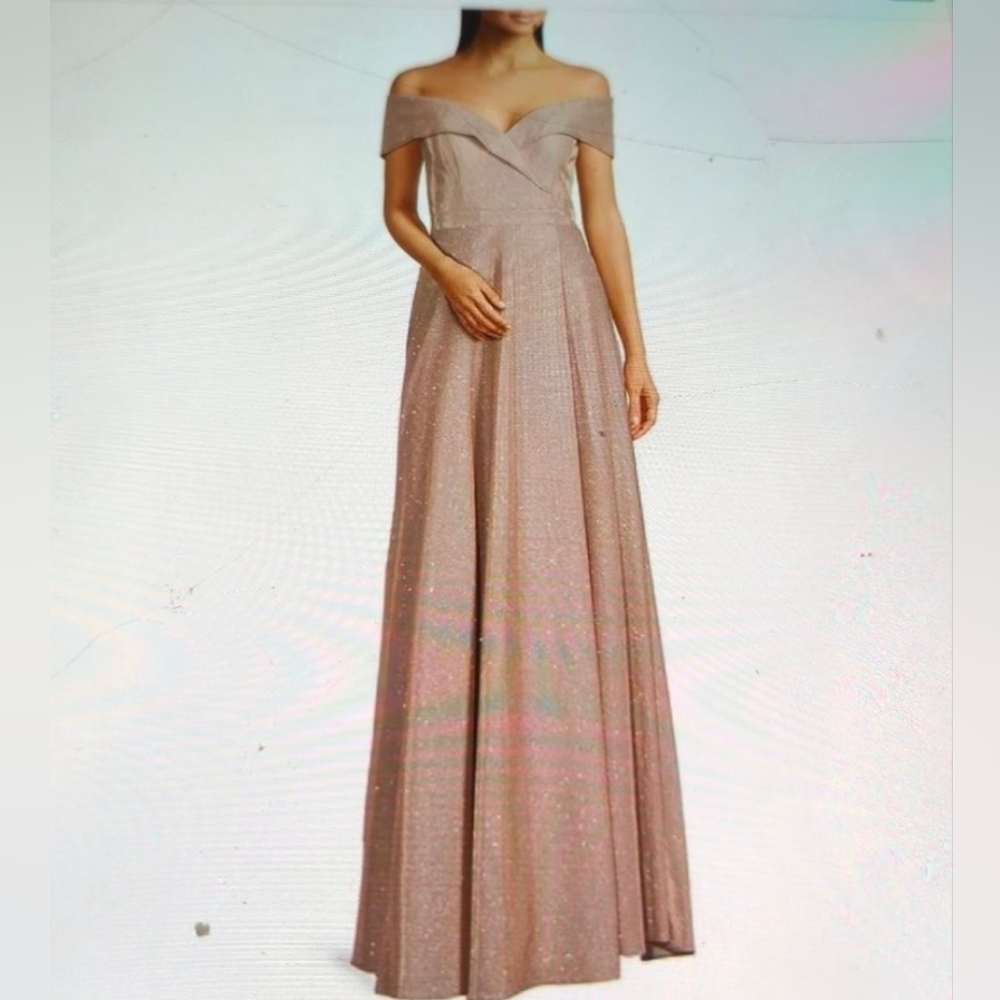 Elegant Off-Shoulder Shimmering Champagne Rose Dress - Picture 2 of 3